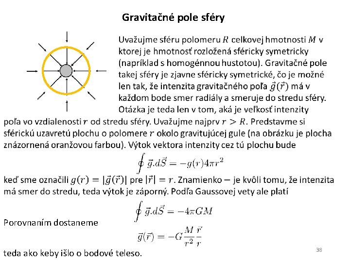 Gravitačné pole sféry Porovnaním dostaneme teda ako keby išlo o bodové teleso. 38 