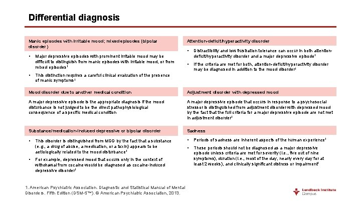 Differential diagnosis Manic episodes with irritable mood; mixed episodes (bipolar disorder) • • Major