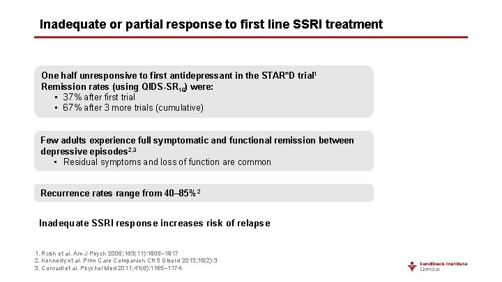 Inadequate or partial response to first line SSRI treatment One half unresponsive to first