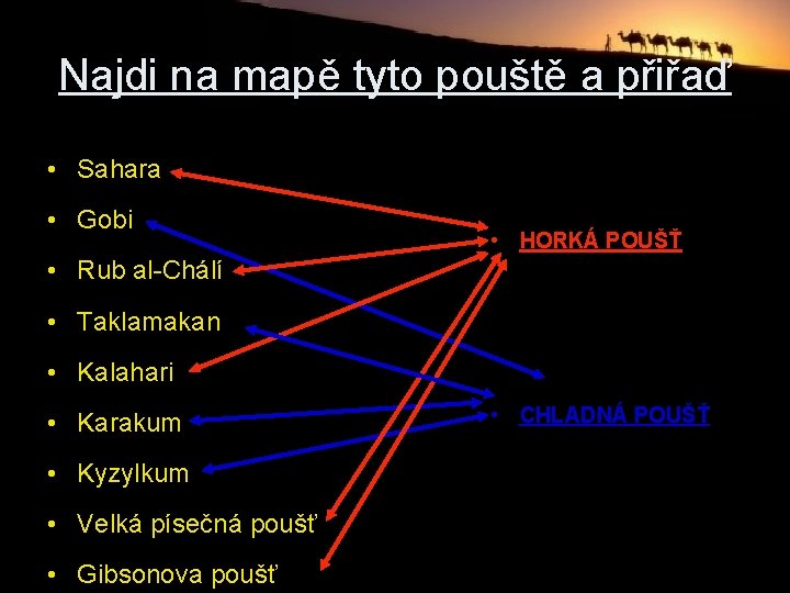 Najdi na mapě tyto pouště a přiřaď • Sahara • Gobi • HORKÁ POUŠŤ