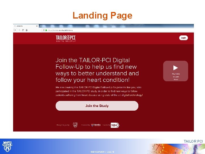 Landing Page TAILOR PCI © 2012 MFMER | slide-19 Landing Page TAILOR PCI © 2012 MFMER | slide-19