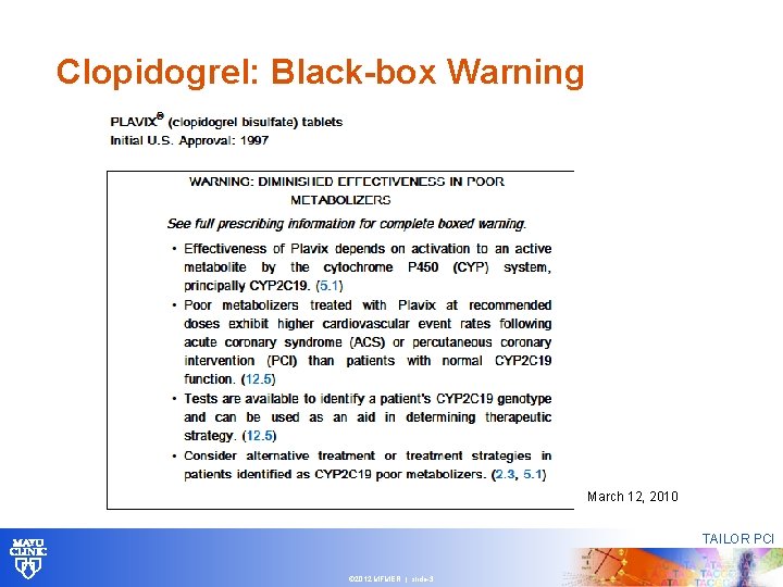 Clopidogrel: Black-box Warning March 12, 2010 TAILOR PCI © 2012 MFMER | slide-3 Clopidogrel: Black-box Warning March 12, 2010 TAILOR PCI © 2012 MFMER | slide-3