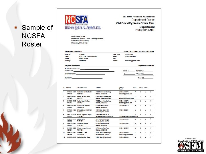 § Sample of NCSFA Roster § Sample of NCSFA Roster