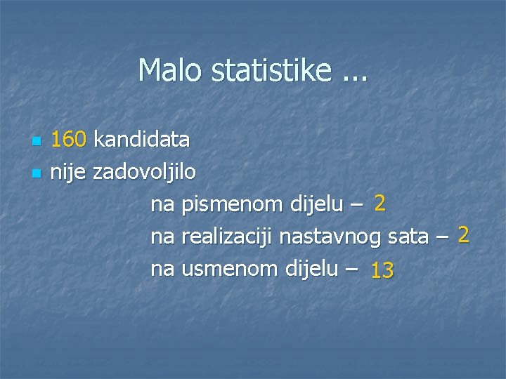 Malo statistike. . . n n 160 kandidata nije zadovoljilo na pismenom dijelu –