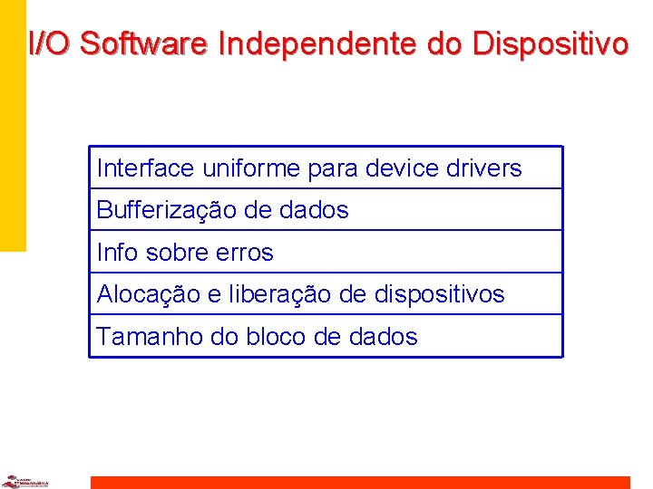I/O Software Independente do Dispositivo Interface uniforme para device drivers Bufferização de dados Info