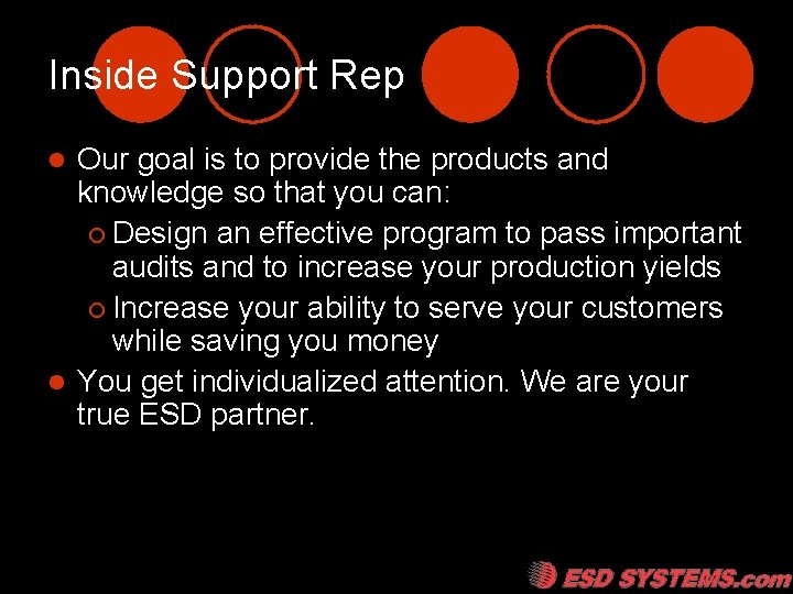 Inside Support Rep Our goal is to provide the products and knowledge so that