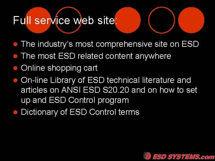 Full service web site: l l l The industry’s most comprehensive site on ESD