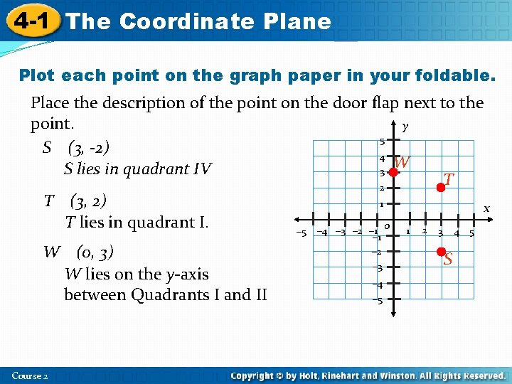 4 -1 The Coordinate Plane Plot each point on the graph paper in your 4 -1 The Coordinate Plane Plot each point on the graph paper in your