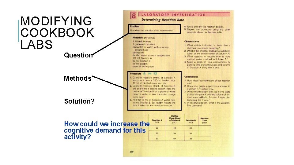 MODIFYING COOKBOOK LABS Question Methods Solution? How could we increase the cognitive demand for