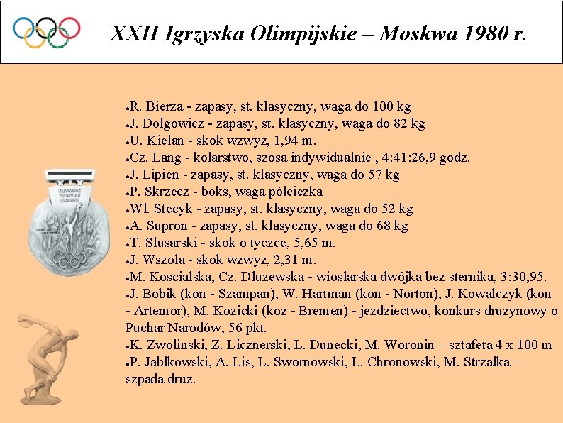 XXII Igrzyska Olimpijskie – Moskwa 1980 r. R. Bierza - zapasy, st. klasyczny, waga