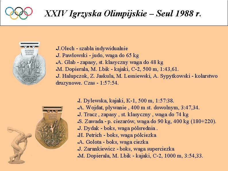 XXIV Igrzyska Olimpijskie – Seul 1988 r. J. Olech - szabla indywidualnie ●J. Pawlowski