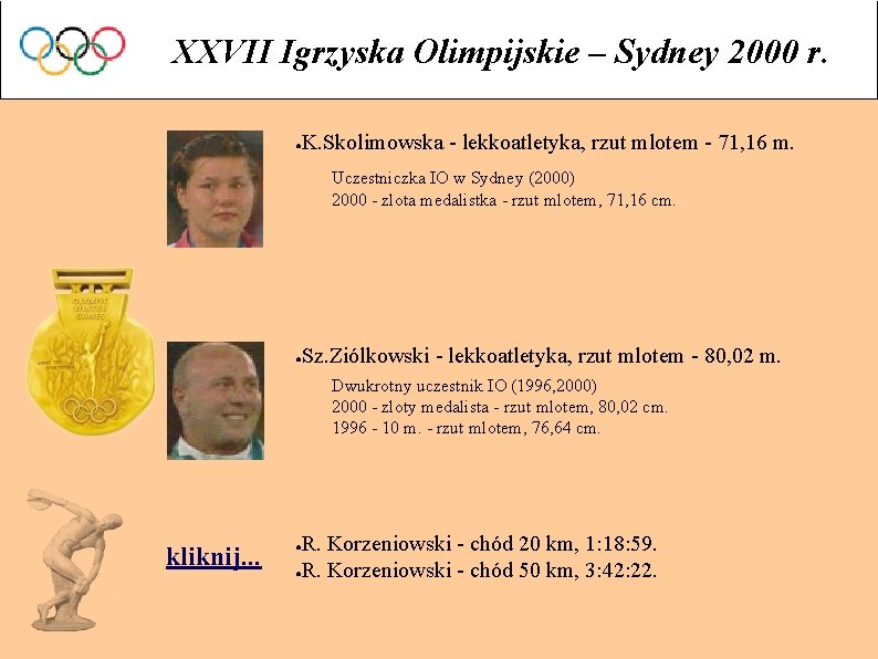 XXVII Igrzyska Olimpijskie – Sydney 2000 r. ● K. Skolimowska - lekkoatletyka, rzut mlotem