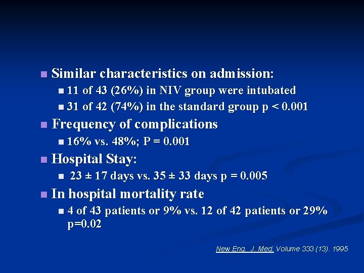 n Similar characteristics on admission: n 11 of 43 (26%) in NIV group were