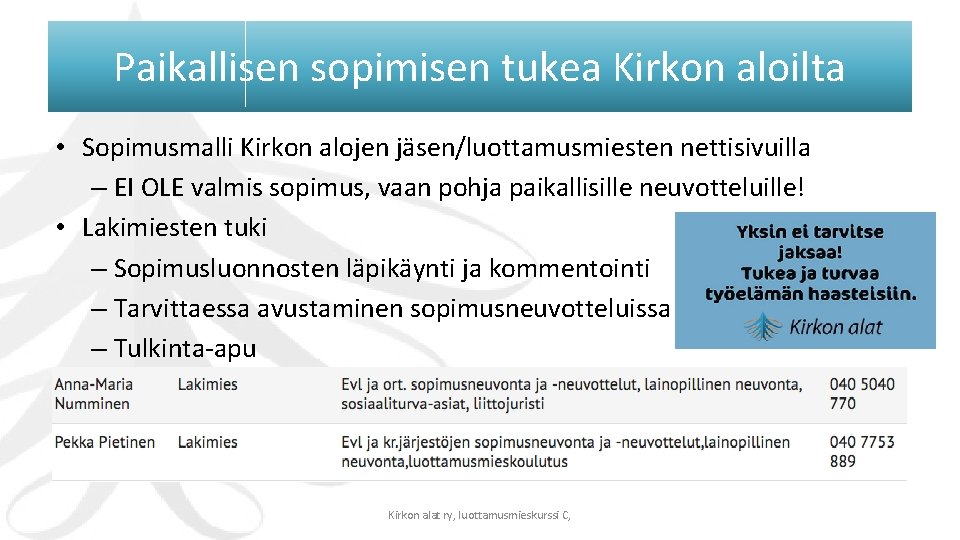 Paikallisen sopimisen tukea Kirkon aloilta • Sopimusmalli Kirkon alojen jäsen/luottamusmiesten nettisivuilla – EI OLE