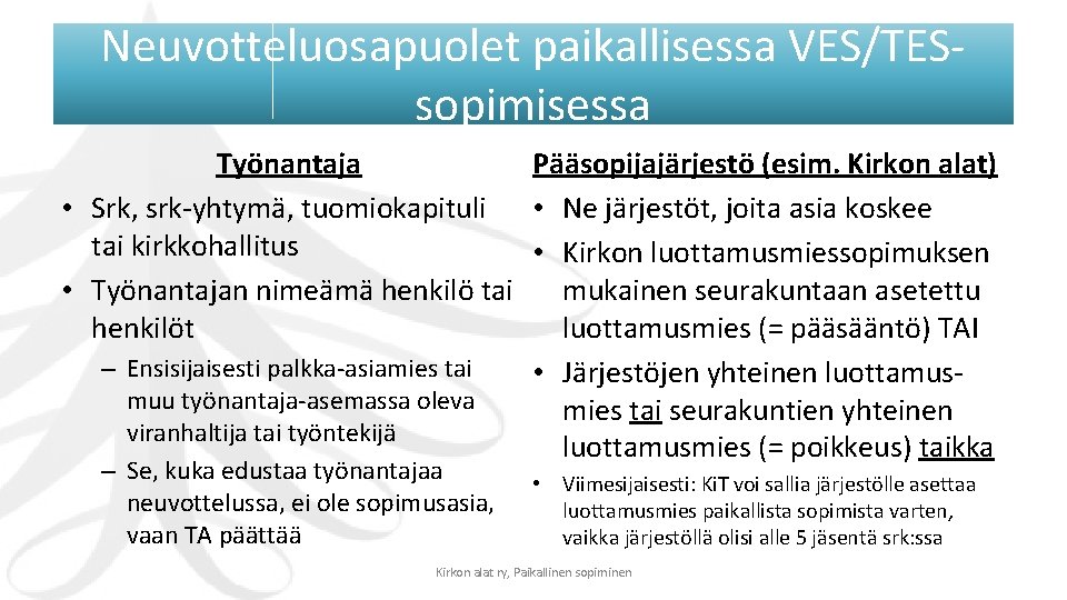 Neuvotteluosapuolet paikallisessa VES/TESsopimisessa Työnantaja Pääsopijajärjestö (esim. Kirkon alat) • Srk, srk-yhtymä, tuomiokapituli • Ne