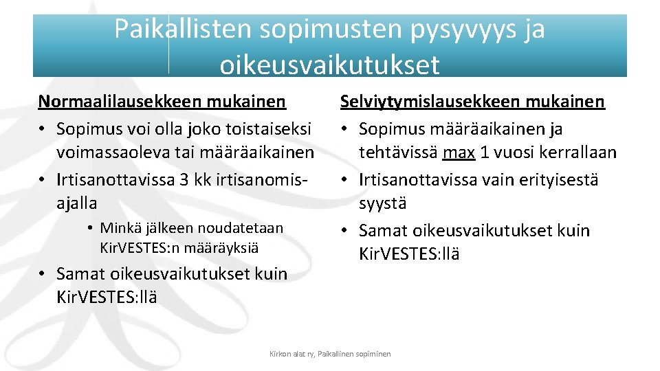 Paikallisten sopimusten pysyvyys ja oikeusvaikutukset Normaalilausekkeen mukainen • Sopimus voi olla joko toistaiseksi voimassaoleva