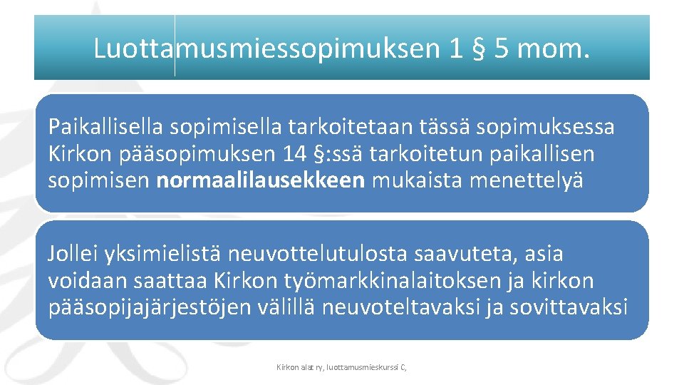 Luottamusmiessopimuksen 1 § 5 mom. Paikallisella sopimisella tarkoitetaan tässä sopimuksessa Kirkon pääsopimuksen 14 §: