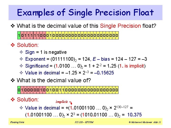 Examples of Single Precision Float v What is the decimal value of this Single