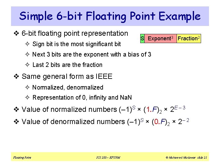 Simple 6 -bit Floating Point Example v 6 -bit floating point representation ² Sign