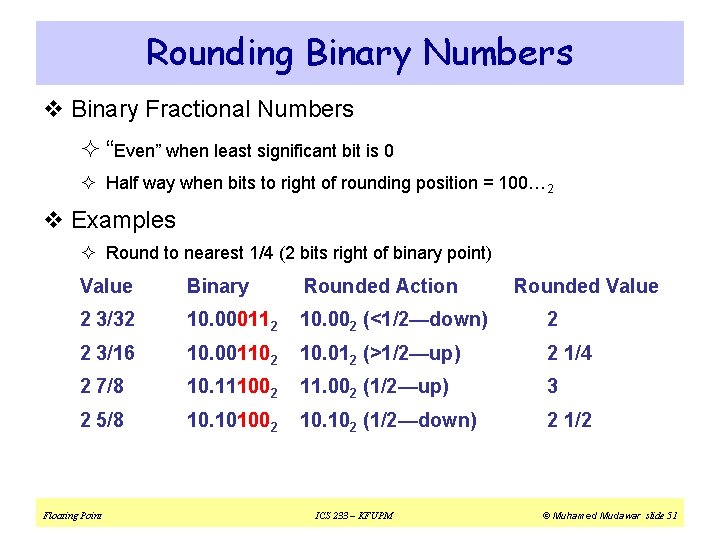 Rounding Binary Numbers v Binary Fractional Numbers ² “Even” when least significant bit is