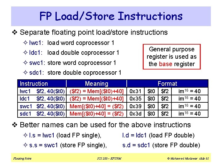 FP Load/Store Instructions v Separate floating point load/store instructions ² lwc 1: load word