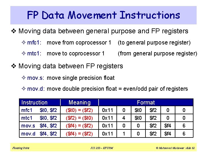 FP Data Movement Instructions v Moving data between general purpose and FP registers ²