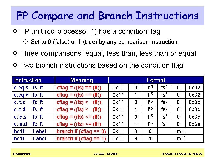 FP Compare and Branch Instructions v FP unit (co-processor 1) has a condition flag