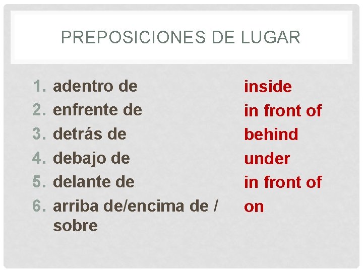 PREPOSICIONES DE LUGAR 1. 2. 3. 4. 5. 6. adentro de enfrente de detrás