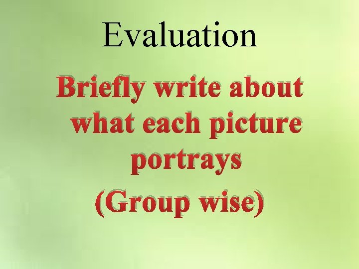 Evaluation Briefly write about what each picture portrays (Group wise) 