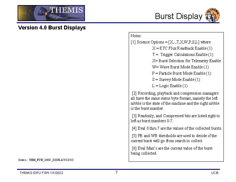 Burst Display Version 4. 0 Burst Displays Notes: [1] Science Options = [X, -,