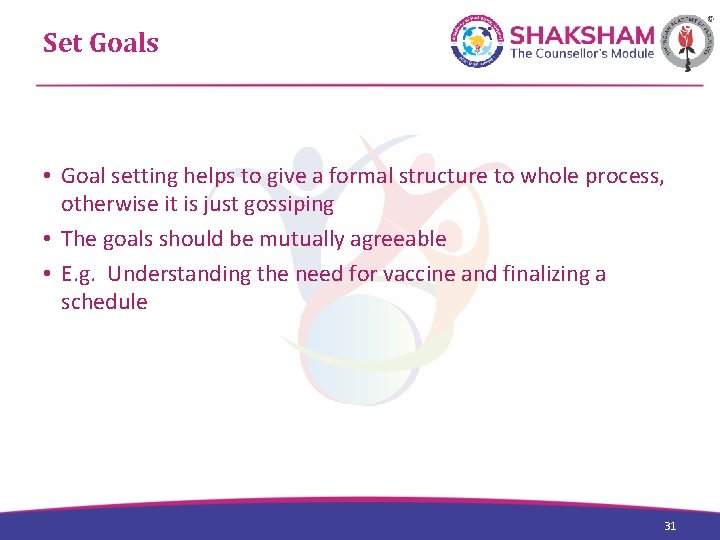 Set Goals • Goal setting helps to give a formal structure to whole process,