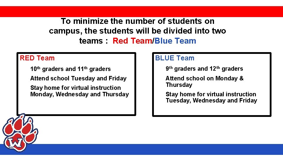 To minimize the number of students on campus, the students will be divided into