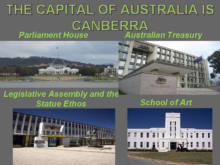 THE CAPITAL OF AUSTRALIA IS CANBERRA Parliament House Legislative Assembly and the Statue Ethos