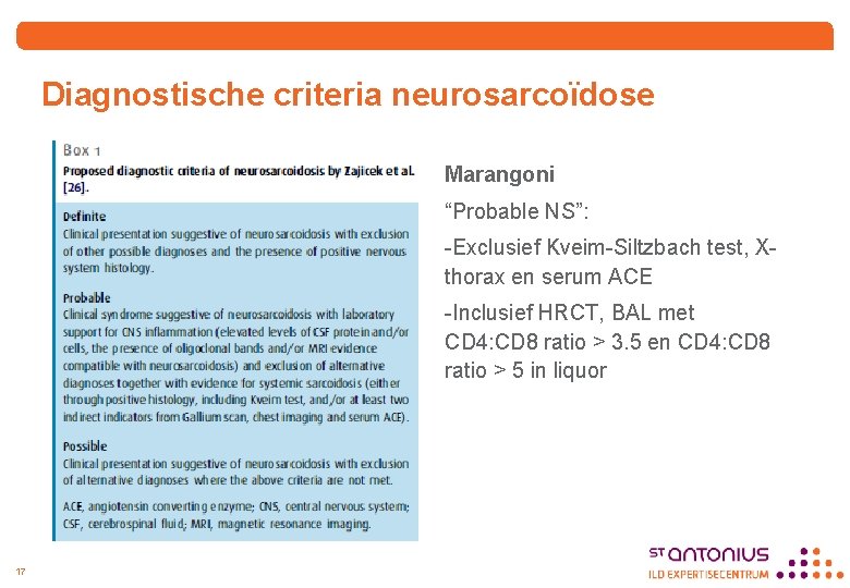 Diagnostische criteria neurosarcoïdose Marangoni “Probable NS”: -Exclusief Kveim-Siltzbach test, Xthorax en serum ACE -Inclusief