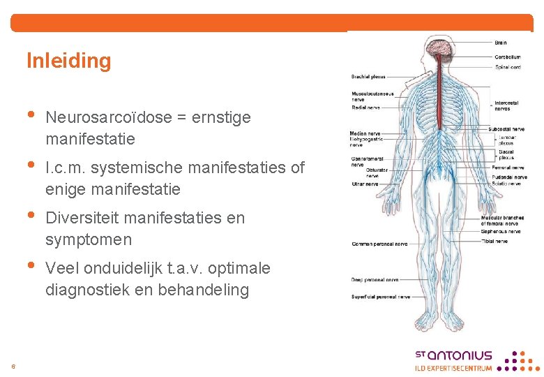 Inleiding 6 • Neurosarcoïdose = ernstige manifestatie • I. c. m. systemische manifestaties of