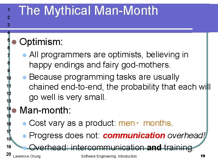 The Mythical Man-Month 1 2 3 4 5 6 l Optimism: All programmers are
