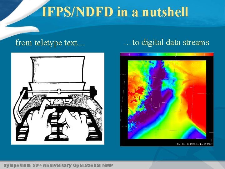 IFPS/NDFD in a nutshell from teletype text… Symposium 50 th Anniversary Operational NWP …to