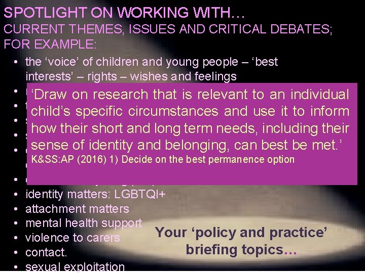 SPOTLIGHT ON WORKING WITH… CURRENT THEMES, ISSUES AND CRITICAL DEBATES; FOR EXAMPLE: • the