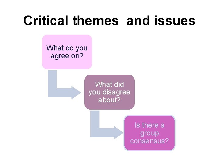 Critical themes and issues What do you agree on? What did you disagree about?