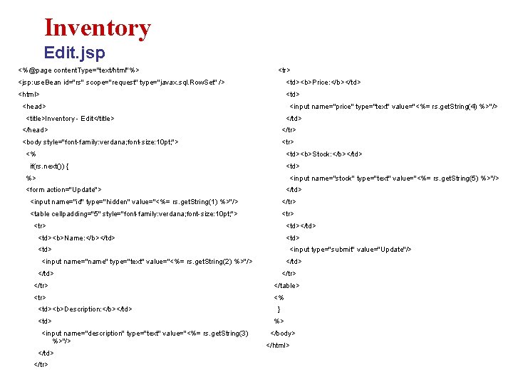 Inventory Edit. jsp <%@page content. Type="text/html"%> <tr> <jsp: use. Bean id="rs" scope="request" type="javax. sql. Inventory Edit. jsp <%@page content. Type="text/html"%> <tr> <jsp: use. Bean id="rs" scope="request" type="javax. sql.