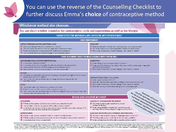 You can use the reverse of the Counselling Checklist to further discuss Emma’s choice