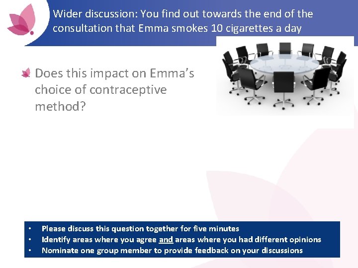 Wider discussion: You find out towards the end of the consultation that Emma smokes