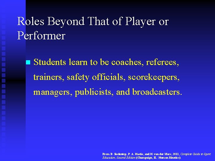 Roles Beyond That of Player or Performer n Students learn to be coaches, referees,