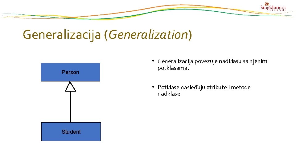 Generalizacija (Generalization) Person • Generalizacija povezuje nadklasu sa njenim potklasama. • Potklase nasleđuju atribute
