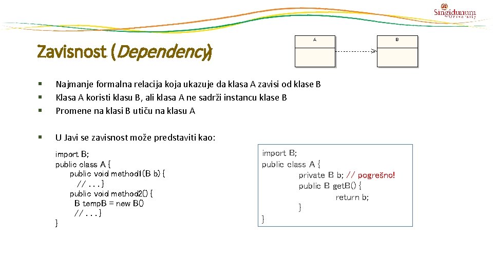 Zavisnost (Dependency) Najmanje formalna relacija koja ukazuje da klasa A zavisi od klase B