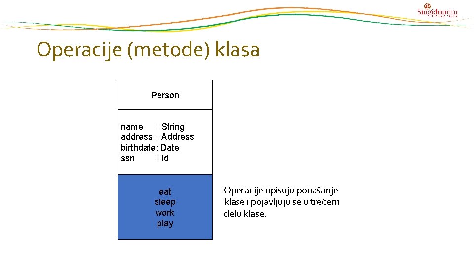 Operacije (metode) klasa Person name : String address : Address birthdate: Date ssn :