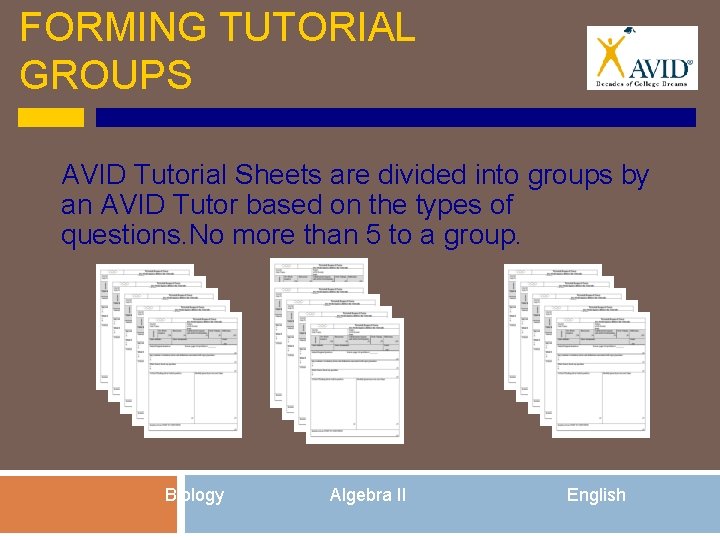FORMING TUTORIAL GROUPS AVID Tutorial Sheets are divided into groups by an AVID Tutor