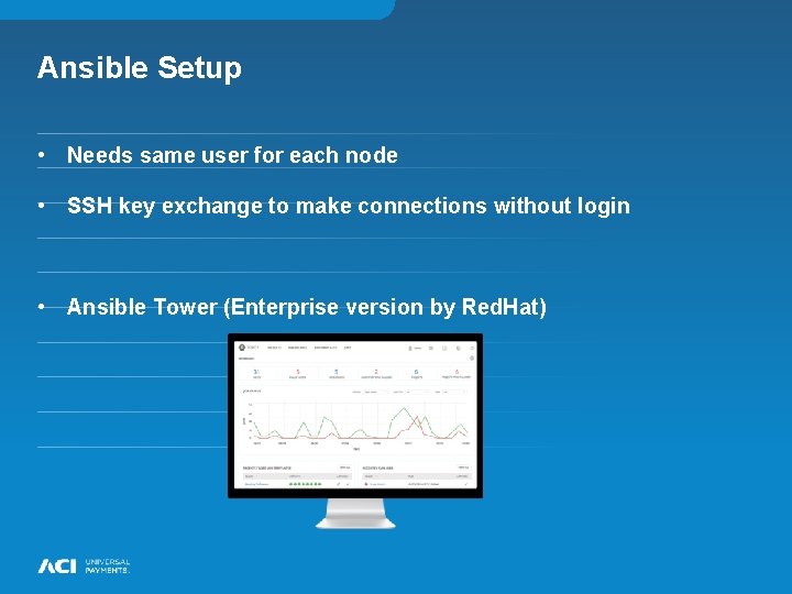 Ansible Setup • Needs same user for each node • SSH key exchange to Ansible Setup • Needs same user for each node • SSH key exchange to