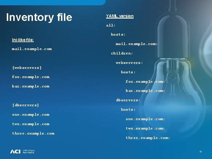 Inventory file YAML version all: hosts: Ini-like file: mail. example. com: children: webservers: [webservers]