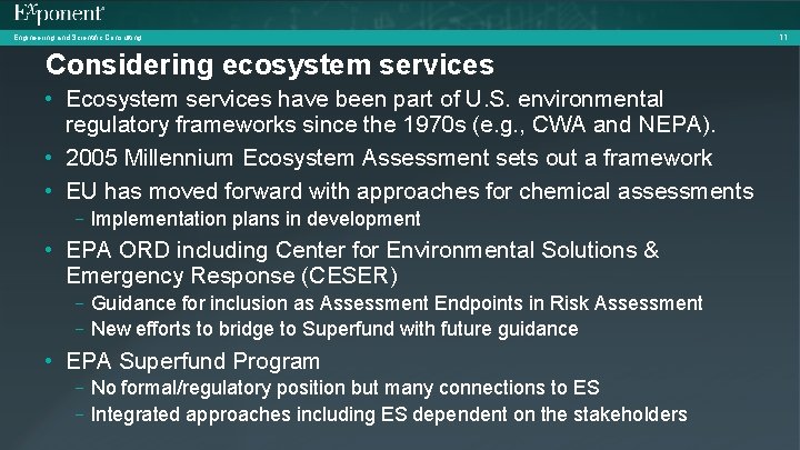 Engineering and Scientific Consulting Considering ecosystem services • Ecosystem services have been part of